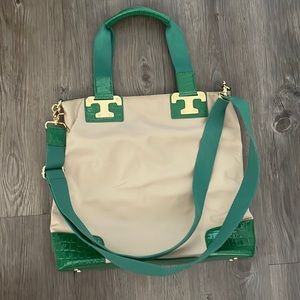 Tory Burch Natural Canvas Tote Shopper Handbag Green Patent Leather